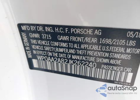 2018 Porsche 718 Cayman z USA, uszkodzony, nr VIN WP0AA2A82JK262240